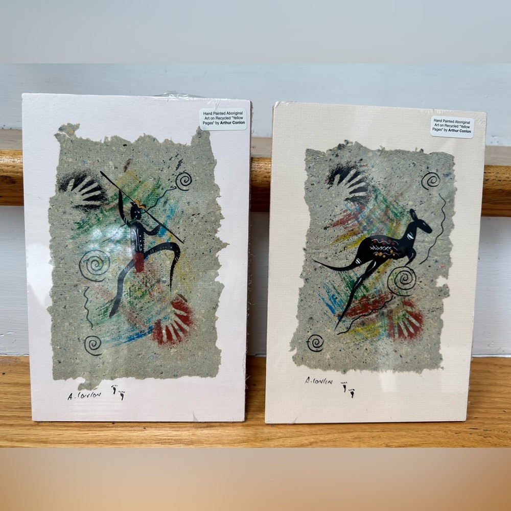 Hand Painted Aboriginal Art by Arthur Conlon. Kangaroo hand painted art Wakka x2